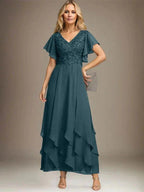 A-line V-Neck Ankle-Length Lace Chiffon Mother of the Bride Dress With Cascading Ruffles by Dreamylily