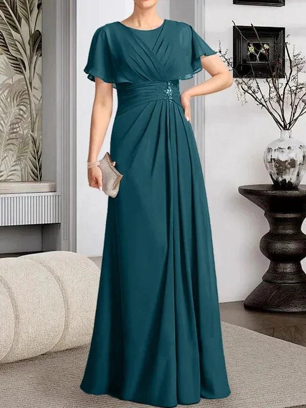 A-line Scoop Floor-Length Chiffon Mother of the Bride Dress With Pleated Beading by Dreamylily