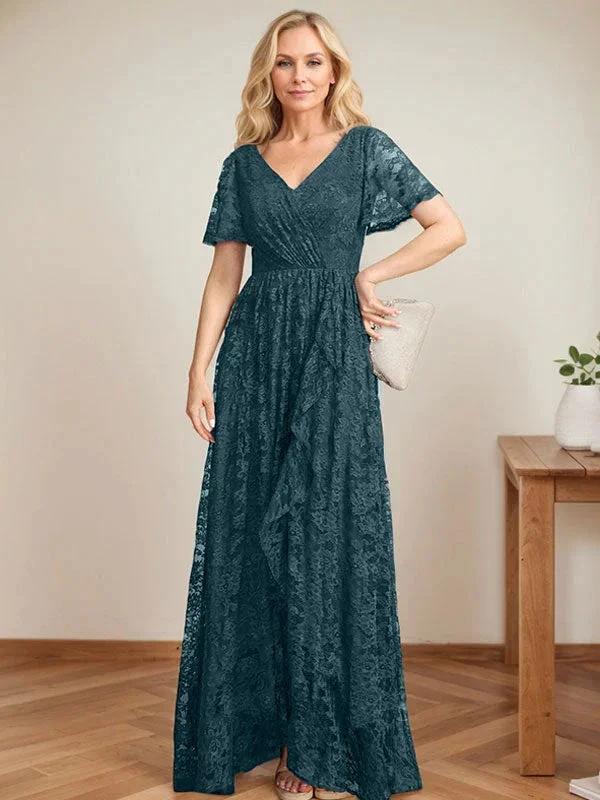 A-Line V-Neck Asymmetrical Lace Mother of the Bride Dress With Cascading Ruffles by Dreamylily