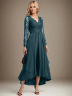 A-line V-Neck Asymmetrical Lace Chiffon Mother of the Bride Dress by Dreamylily