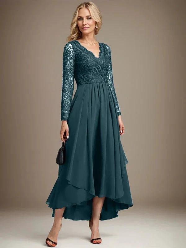 A-line V-Neck Asymmetrical Lace Chiffon Mother of the Bride Dress by Dreamylily