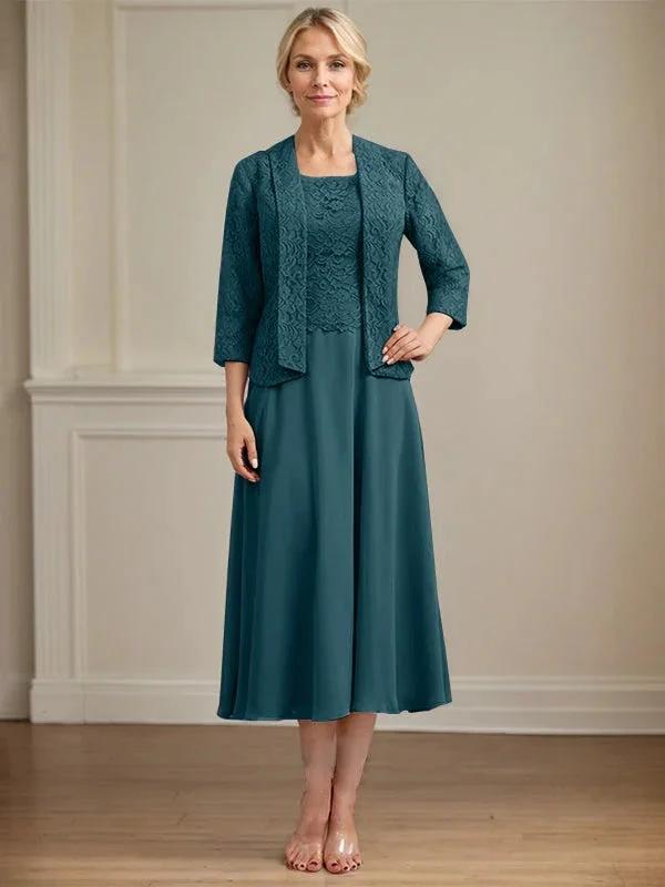 A-line Scoop Tea-Length Lace Chiffon Mother of the Bride Dress by Dreamylily