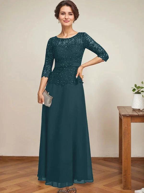 A-line Scoop Illusion Ankle-Length Chiffon Lace Mother of the Bride Dress With Rhinestone Beading by Dreamylily