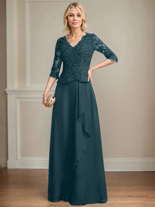 A-line V-Neck Floor-Length Lace Chiffon Mother of the Bride Dress With Cascading Ruffles Sequins by Dreamylily