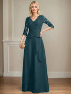 A-line V-Neck Floor-Length Lace Chiffon Mother of the Bride Dress With Cascading Ruffles Sequins by Dreamylily