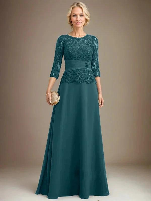 A-line Scoop Illusion Floor-Length Chiffon Lace Mother of the Bride Dress With Pleated Sequins Beading by Dreamylily