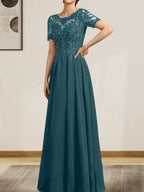 A-line Scoop Illusion Floor-Length Chiffon Lace Mother of the Bride Dress With Sequins Beading by Dreamylily
