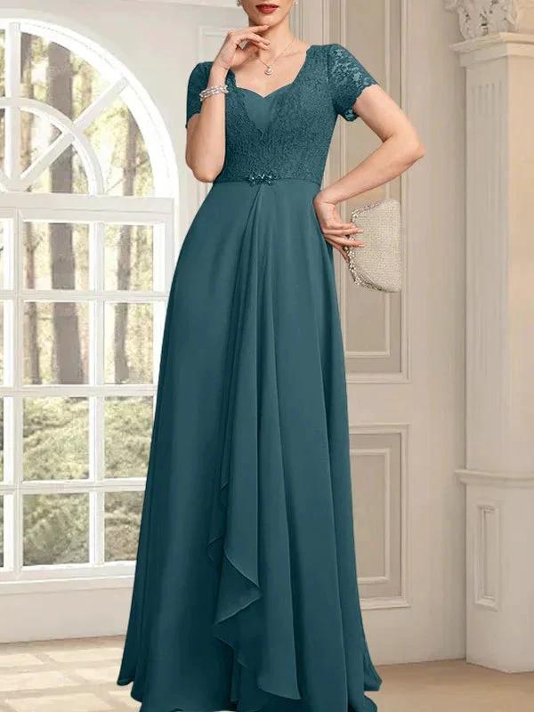 A-line Sweetheart Floor-Length Chiffon Lace Mother of the Bride Dress With Beading Cascading Ruffles by Dreamylily