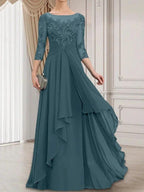 A-line Scoop Illusion Floor-Length Lace Chiffon Mother of the Bride Dress With Cascading Ruffles by Dreamylily