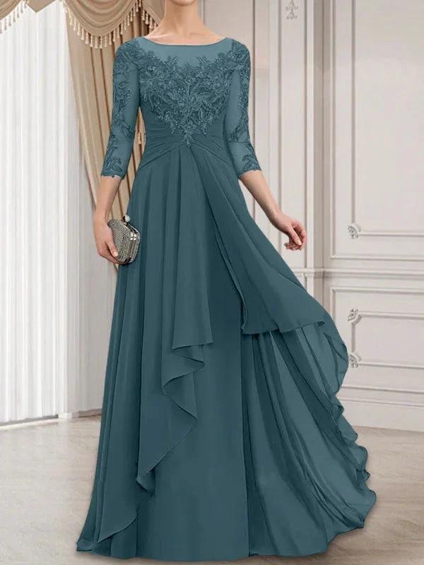 A-line Scoop Illusion Floor-Length Lace Chiffon Mother of the Bride Dress With Cascading Ruffles by Dreamylily