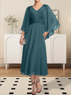 A-line V-Neck Tea-Length Chiffon Lace Mother of the Bride Dress With Beading Sequins by Dreamylily