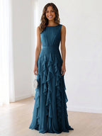 Sleeveless Tiered Chiffon Maxi Evening Gown with Ruched Bodice