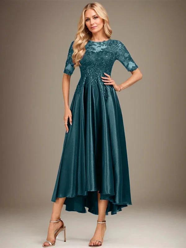 A-line Scoop Illusion Asymmetrical Stretch Satin Lace Mother of the Bride Dress With Sequins by Dreamylily