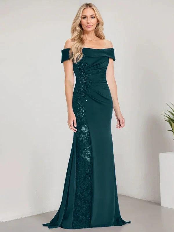 A-Line Off the Shoulder Floor-Length Mother of the Bride Dress Applique Beadings Mermaid Dress With High Split by Dreamylily