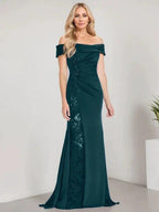 A-Line Off the Shoulder Floor-Length Mother of the Bride Dress Applique Beadings Mermaid Dress With High Split by Dreamylily