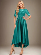 A-line Scoop Illusion Asymmetrical Stretch Satin Lace Mother of the Bride Dress With Sequins by Dreamylily