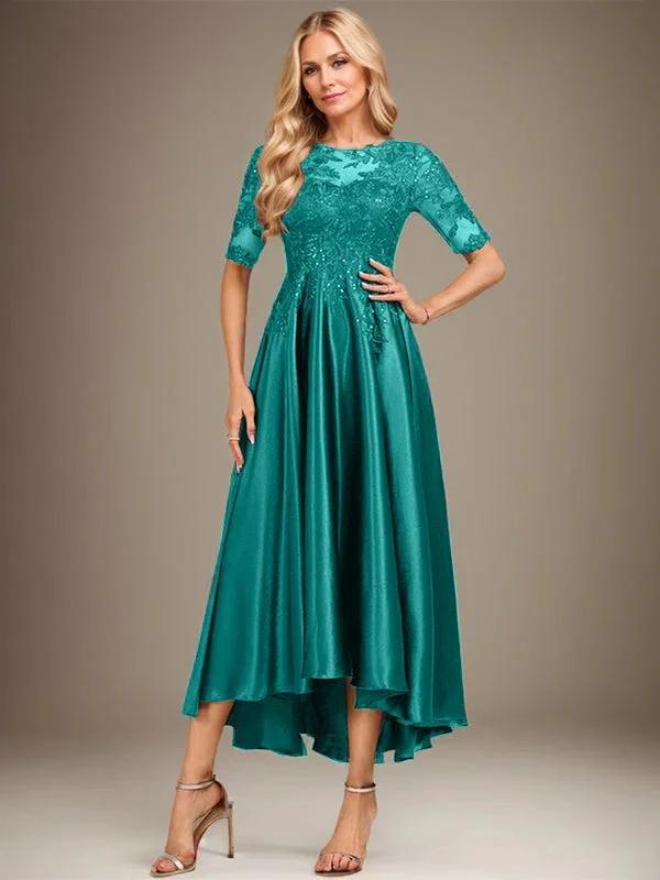 A-line Scoop Illusion Asymmetrical Stretch Satin Lace Mother of the Bride Dress With Sequins by Dreamylily
