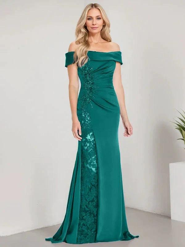 A-Line Off the Shoulder Floor-Length Mother of the Bride Dress Applique Beadings Mermaid Dress With High Split by Dreamylily