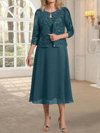 A-line Scoop Tea-Length Lace Chiffon Mother of the Bride Dress With Sequins by Dreamylily