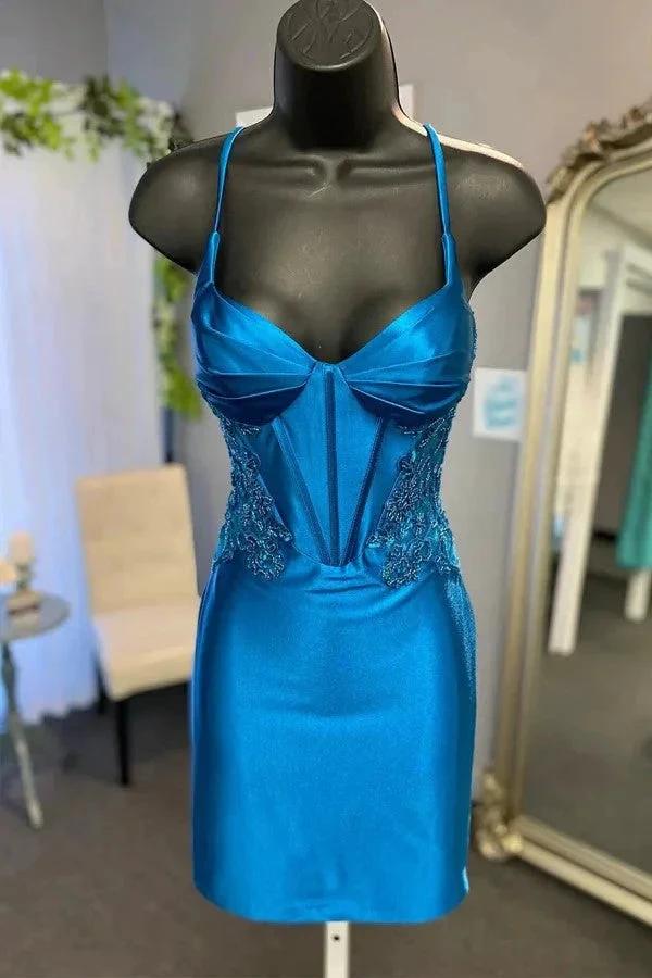 Peacock Blue Short Corset Homecoming Dress with Appliques PD513 by pgmdress