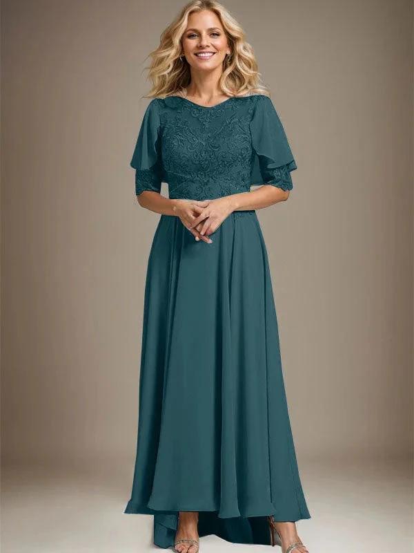 A-line Scoop Illusion Asymmetrical Chiffon Lace Mother of the Bride Dress With Beading by Dreamylily
