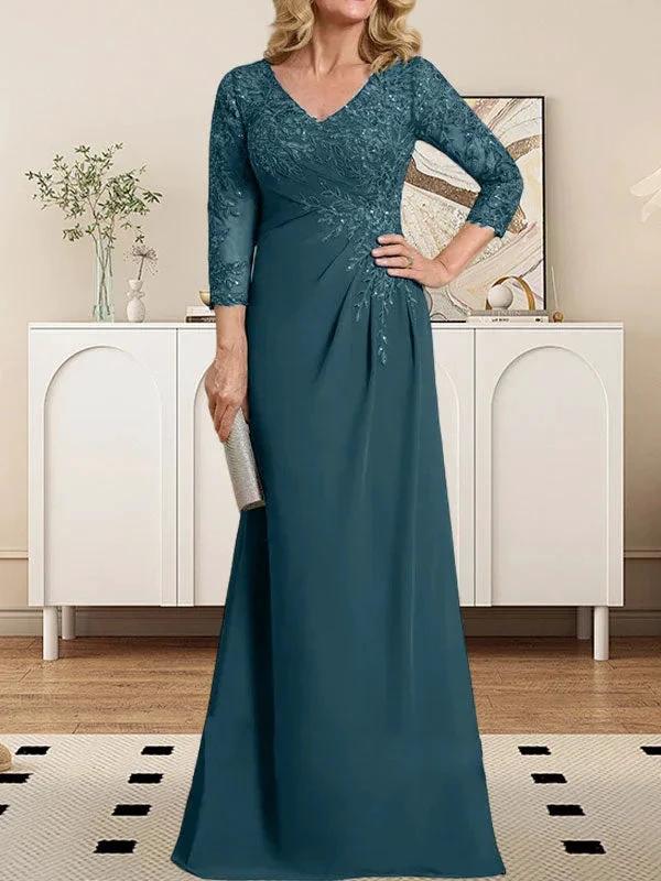 Sheath/Column V-Neck Illusion Floor-Length Lace Chiffon Mother of the Bride Dress With Pleated Sequins by Dreamylily