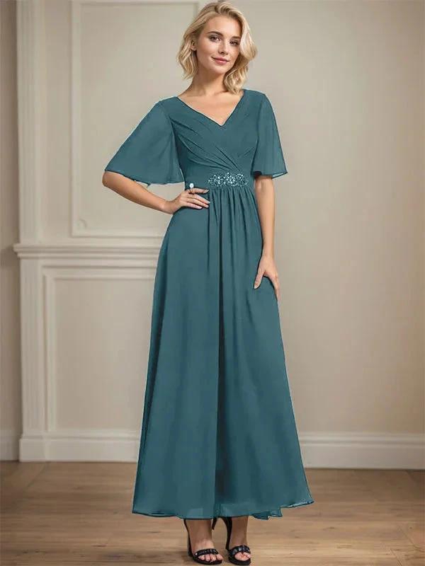 A-line V-Neck Ankle-Length Chiffon Mother of the Bride Dress With Pleated Beading Sequins by Dreamylily