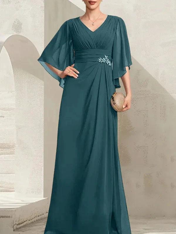Sheath/Column V-Neck Floor-Length Chiffon Mother of the Bride Dress With Pleated Sequins Beading by Dreamylily