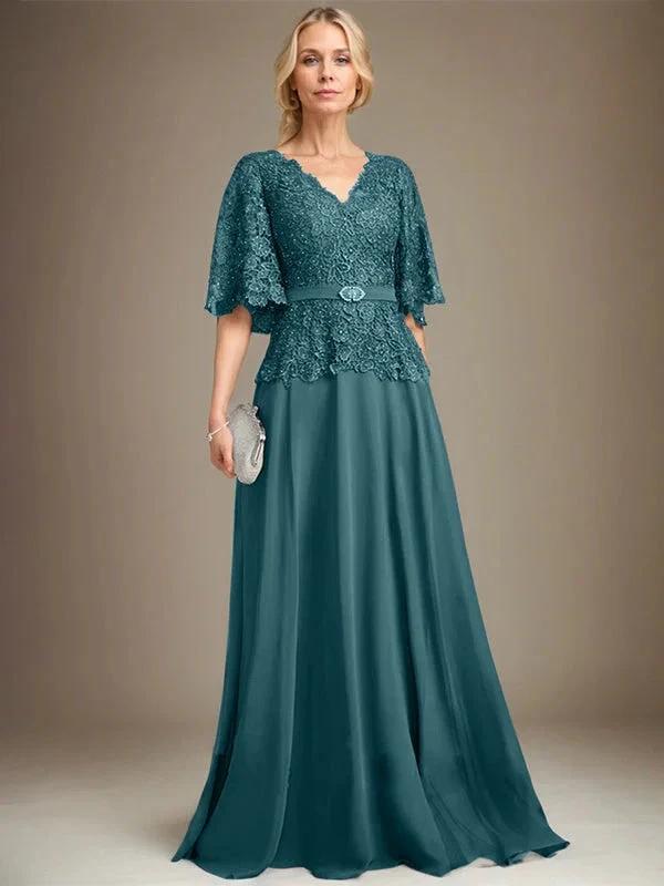 A-line V-Neck Floor-Length Chiffon Lace Mother of the Bride Dress With Crystal Brooch Rhinestone by Dreamylily