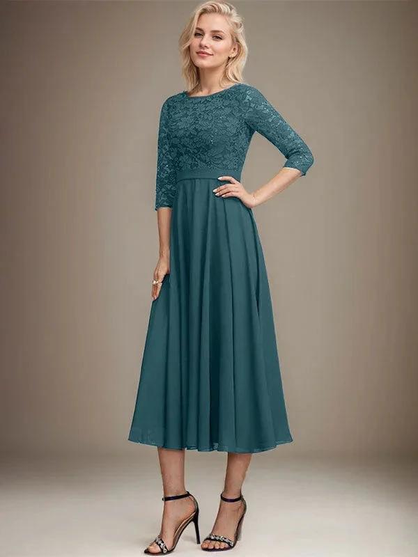 A-line Scoop Tea-Length Lace Chiffon Mother of the Bride Dress With Sequins by Dreamylily