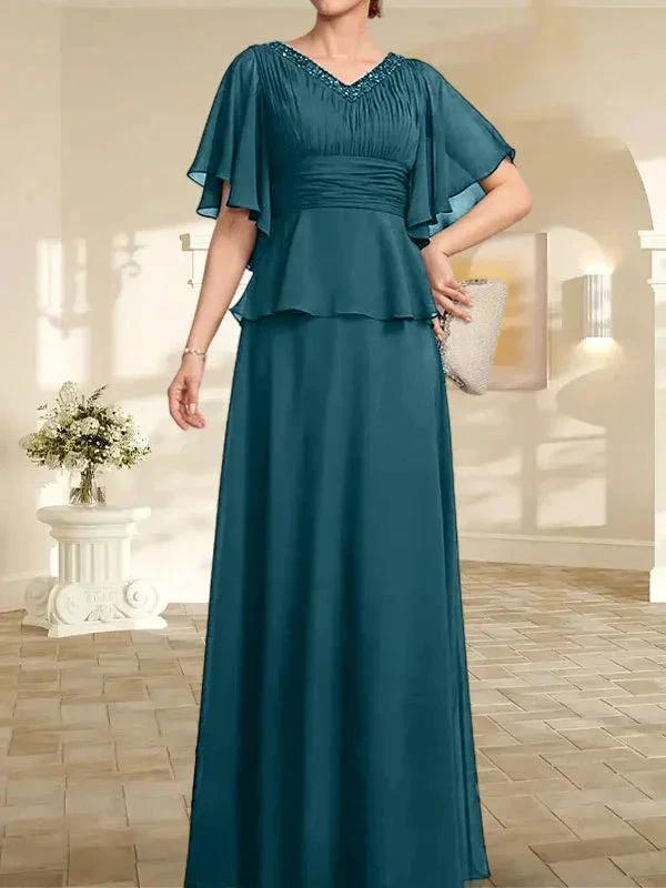 A-line V-Neck Floor-Length Chiffon Mother of the Bride Dress With Pleated Beading by Dreamylily