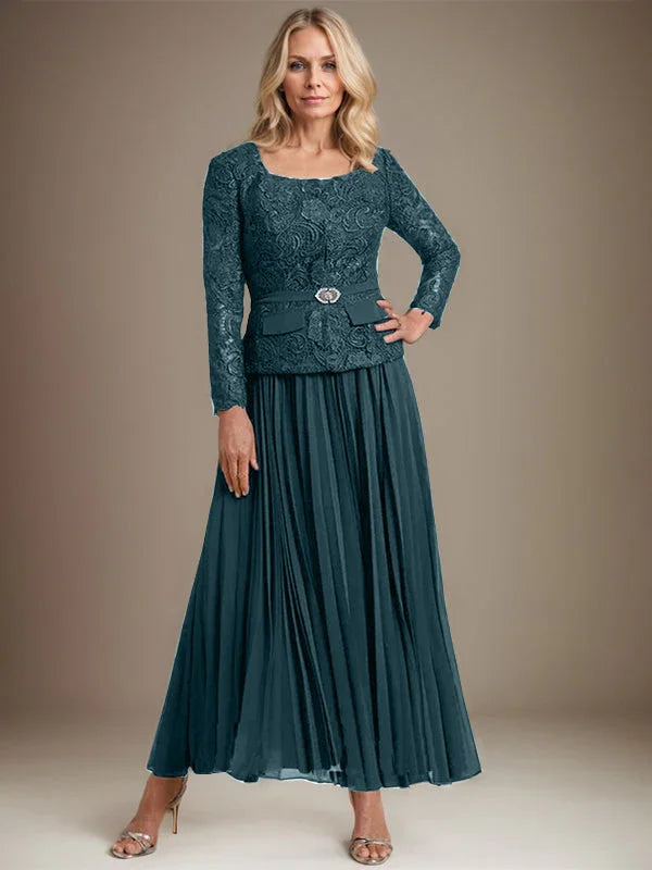 Vestido de gasa para madre de la novia con corte A, cuadrado, largo hasta los tobillos, con pliegues 