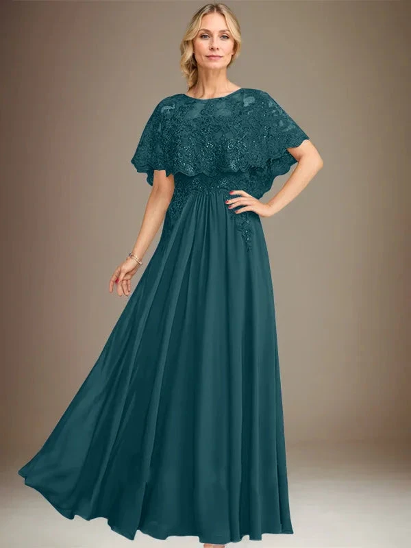 A-line Boat Neck Floor-Length Lace Chiffon Mother of the Bride Dress With Applique Sequins by Dreamylily