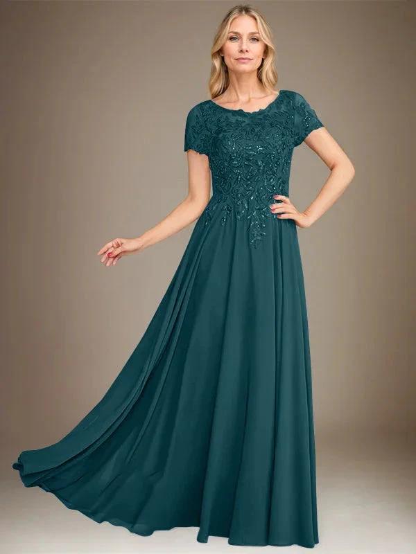 A-Line Scoop Floor-Length Chiffon Mother of the Bride Dress With Applique & Sequins by Dreamylily