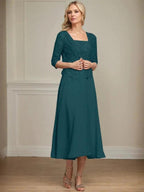 A-line Square Tea-Length Chiffon Lace Mother of the Bride Dress With Sequins Beading by Dreamylily