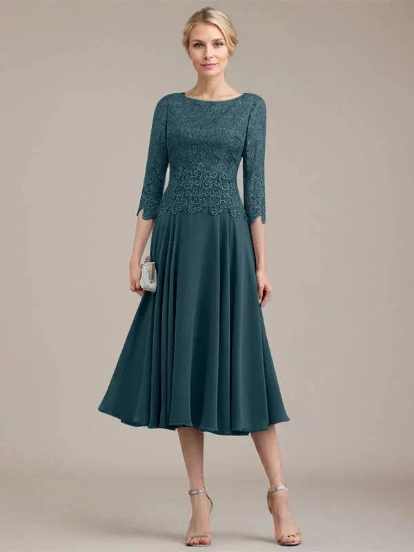 A-line Scoop Tea-Length Lace Chiffon Mother of the Bride Dress by Dreamylily
