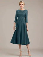 A-line Scoop Tea-Length Lace Chiffon Mother of the Bride Dress by Dreamylily
