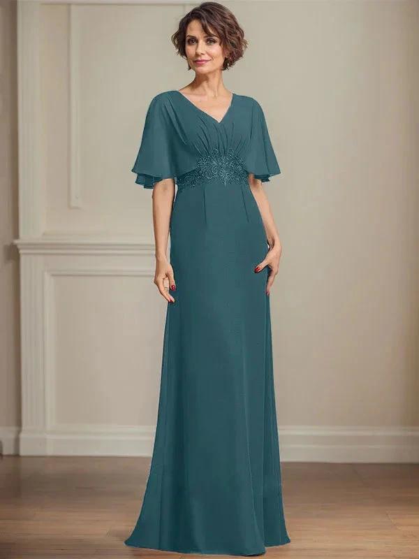 A-line V-Neck Floor-Length Chiffon Mother of the Bride Dress With Pleated Sequins Appliques Lace by Dreamylily
