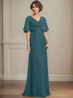 A-line V-Neck Floor-Length Chiffon Mother of the Bride Dress With Pleated Sequins Appliques Lace by Dreamylily