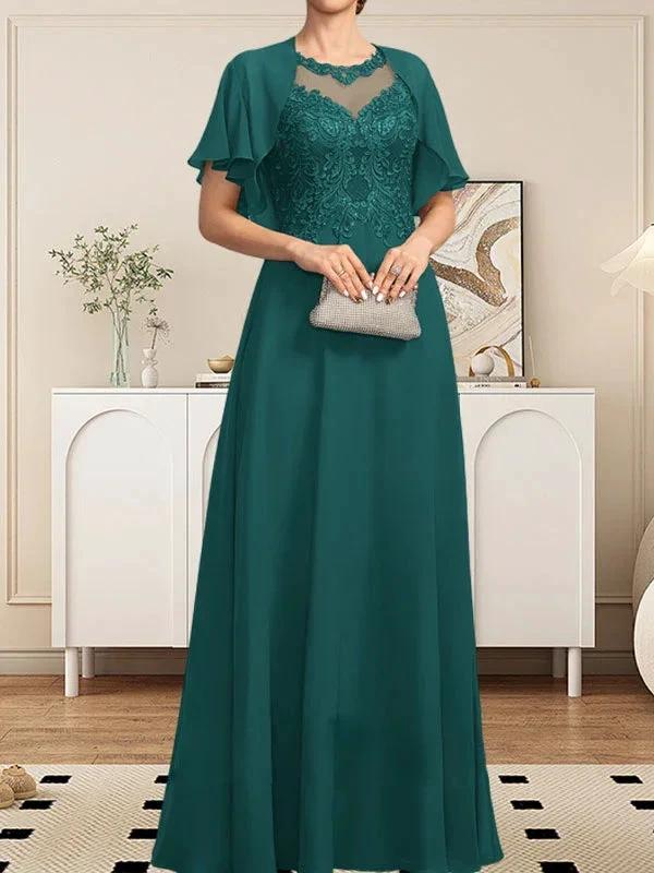 A-line Scoop Illusion Floor-Length Lace Chiffon Mother of the Bride Dress With Sequins by Dreamylily