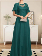 A-line Scoop Illusion Floor-Length Lace Chiffon Mother of the Bride Dress With Sequins by Dreamylily