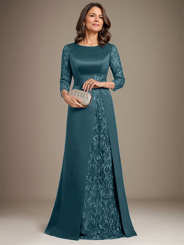 A-Linie U-Ausschnitt Bodenlang Spitze Satin Kleid für die Brautmutter mit Applikation 