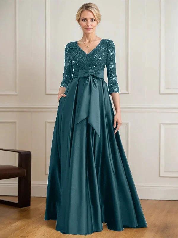 A-line V-Neck Floor-Length Satin Lace Mother of the Bride Dress With Sequins Bow by Dreamylily