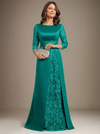 Vestido de madre de la novia de satén con encaje, corte A, largo hasta el suelo y apliques 