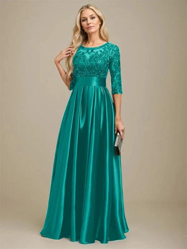 A-line Scoop Illusion Floor-Length Stretch Satin Lace Mother of the Bride Dress With Bow Sequins by Dreamylily