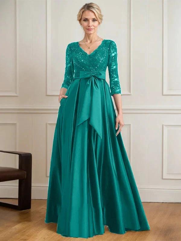 A-line V-Neck Floor-Length Satin Lace Mother of the Bride Dress With Sequins Bow by Dreamylily