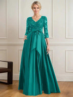 A-line V-Neck Floor-Length Satin Lace Mother of the Bride Dress With Sequins Bow by Dreamylily