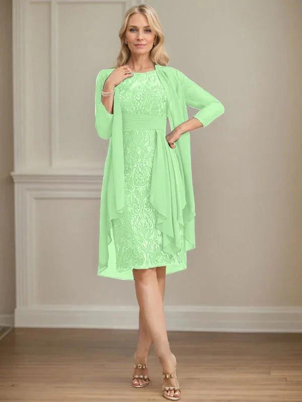 Sheath/Column Scoop Illusion Knee-Length Lace Chiffon Mother of the Bride Dress With Cascading Ruffles Sequins by Dreamylily