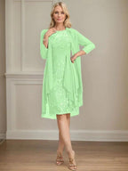 Sheath/Column Scoop Illusion Knee-Length Lace Chiffon Mother of the Bride Dress With Cascading Ruffles Sequins by Dreamylily
