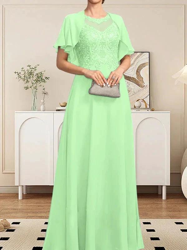 A-line Scoop Illusion Floor-Length Lace Chiffon Mother of the Bride Dress With Sequins by Dreamylily